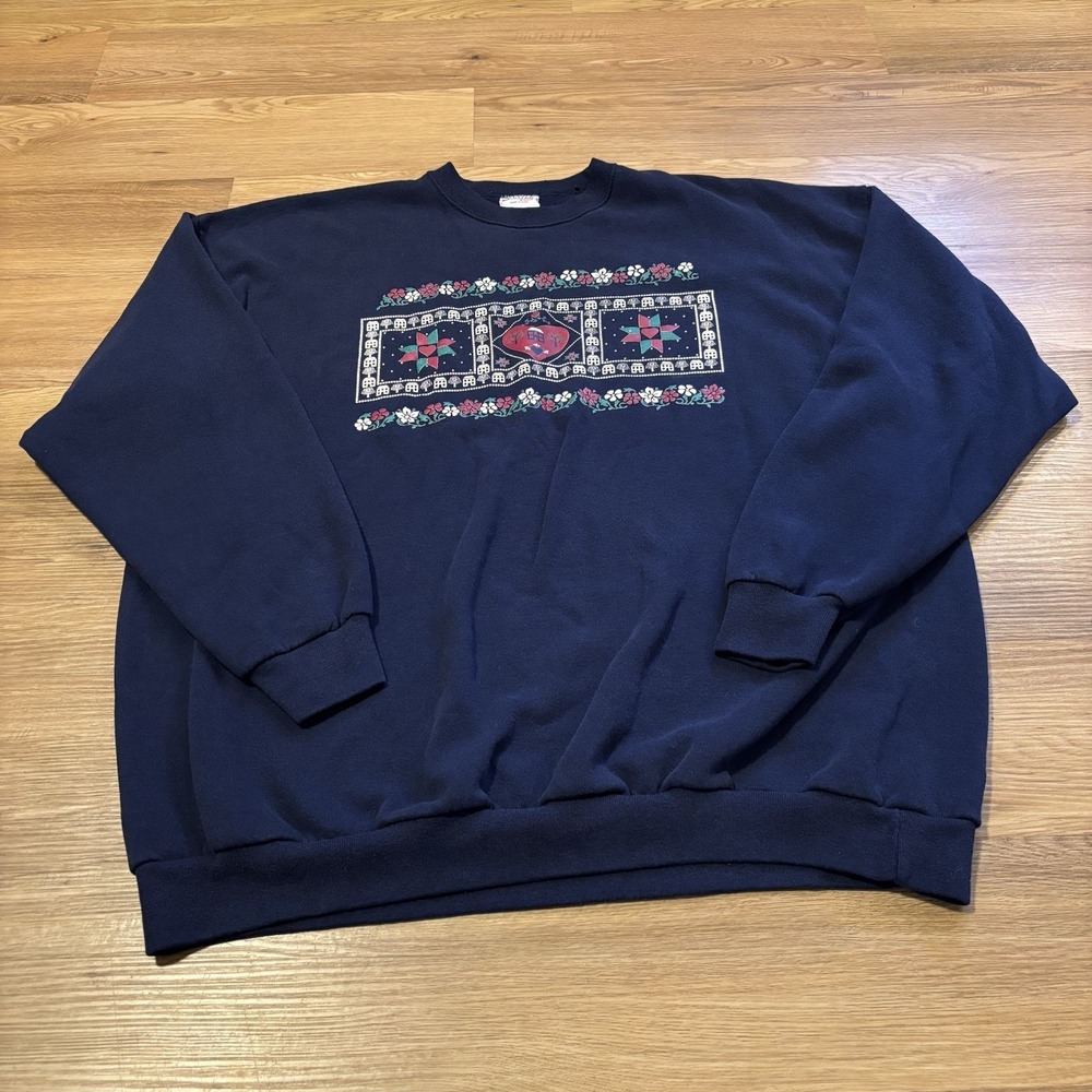 VTG 90s Santee Pluma Sweatshirt 3XL Country Quilt Puff Print Grandma Cottage USA